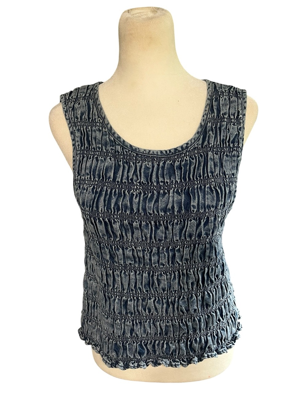 Denim Smocked Sleeveless Top - Size Medium